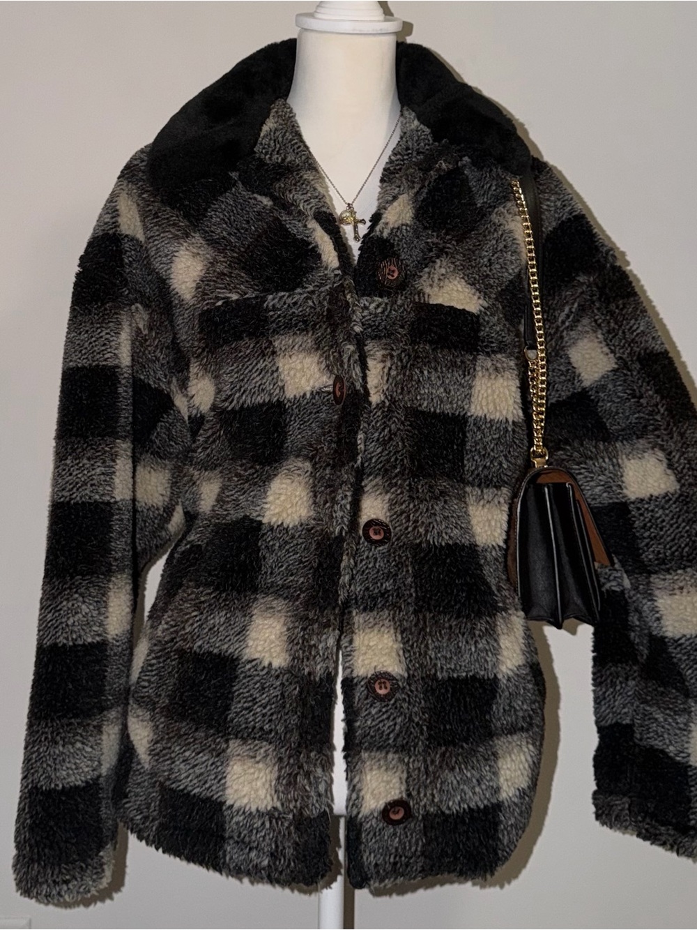 90s vintage black and beige plaid faux fur fuzzy button jacket coat